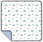 The Angel Dear Baby Golf Carts - Blue Stripe 2 Ply Blanket with Binding features a cozy, soft design with golf carts, golfers swinging clubs, and crossed clubs plus a striped underside—perfect comfort and style for little ones.
