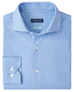 The Peter Millar Excursionist Flex Gingham Sport Shirt, in blue and white check, features wrinkle-resistant cotton stretch for comfort and style, with a "Performance Flex" label.