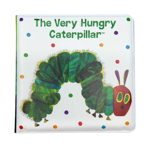 Cover of the Very Hungry Caterpillar Bath Book by Kids Preferred, showing a green caterpillar with a red head amid colorful dots on a white background.