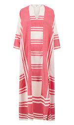 The Lemlem Fana Caftan is a long, loose-fitting dress with short sleeves, made from hand-spun cotton and designed with pink and white geometric stripes.