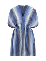 The Alem Dress by Lemlem is a knee-length short dress made from hand-spun cotton, featuring blue, navy, and white vertical stripes, short sleeves, a V-neckline, and a gathered waist—ideal for resort wear.