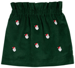 The Beaufort Bonnet Company Girls' Critter Beasley Bag Skirt features dark green corduroy with a ruffled waistband and scattered embroidered Santa faces—perfect as a festive holiday skirt.