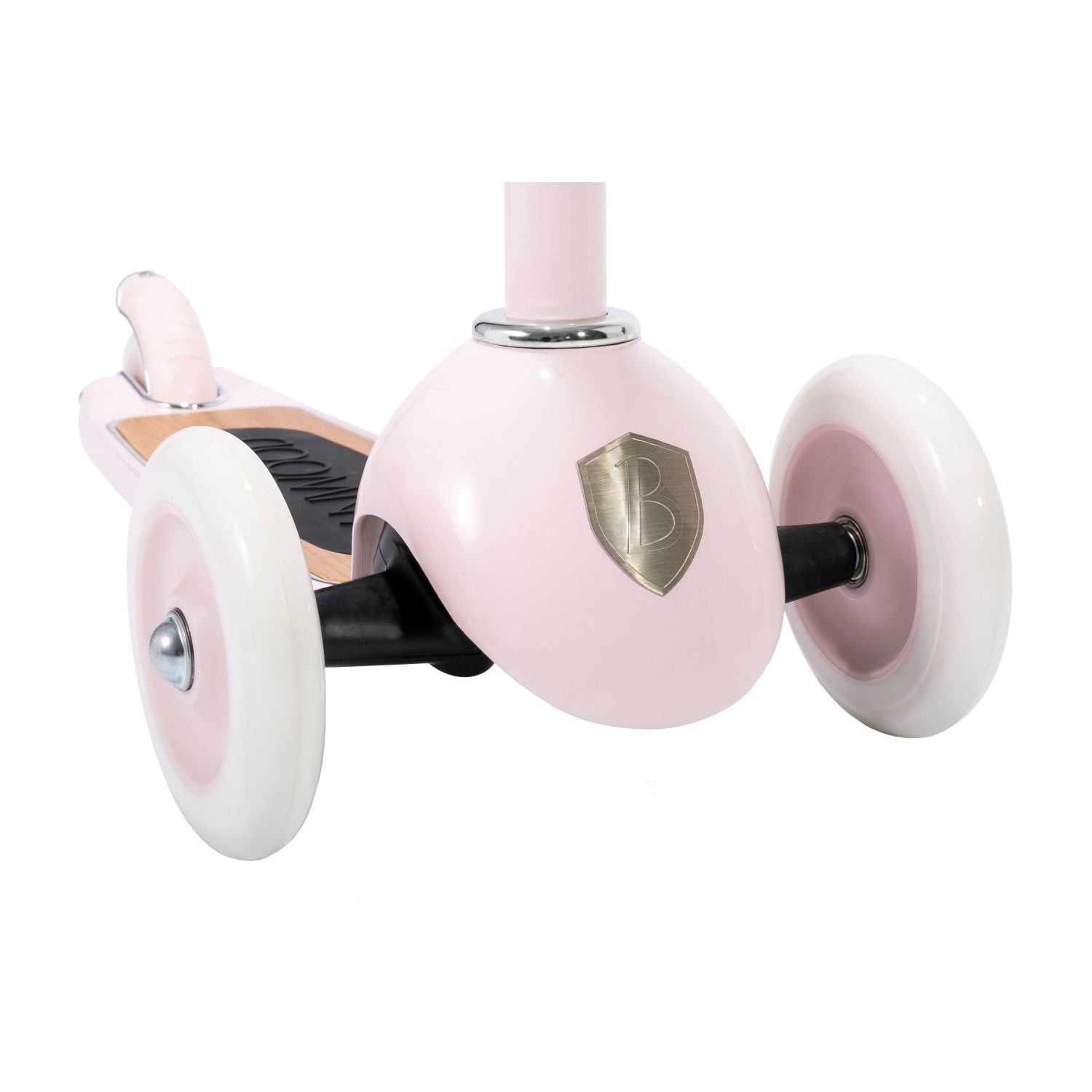 Banwood's pink three-wheeled Scooter features a wooden deck, white wheels, and a metallic emblem on the front, designed to enhance balance and fine motor skills.