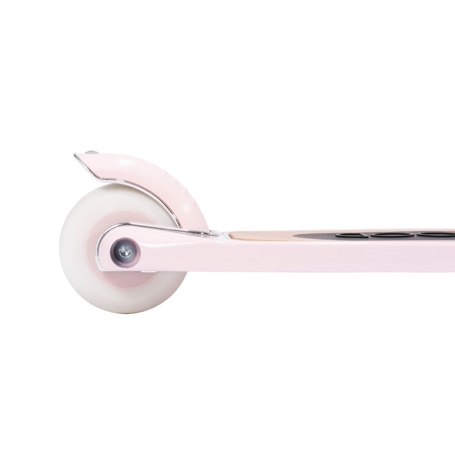 Close-up of Banwood's pink Scooter showcasing its rear wheel with a white tire and sleek fender, perfect for aiding children in developing balance and fine motor skills.