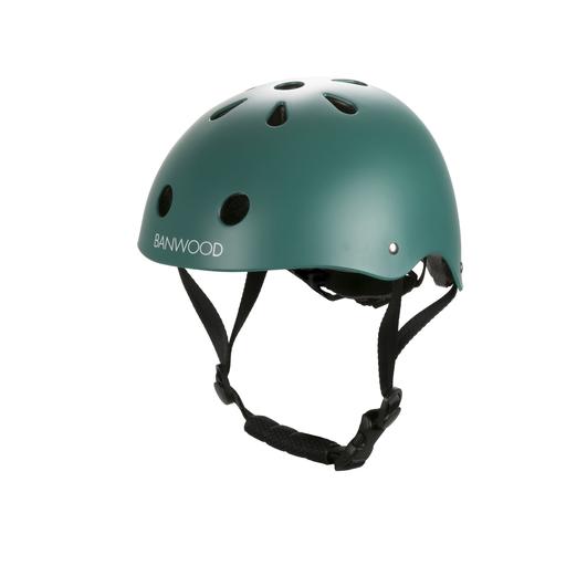 The Banwood Children’s Helmet in matte green features multiple ventilation holes, an adjustable chin strap, and protective inner foam, shown against a white background.
