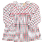 The Girls' Long Sleeve Ramona Ruffle Dress by The Beaufort Bonnet Company features a red and green Old Town Tattersall plaid, ruffled collar, gathered waist, and back button closure.
