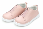 The Girls' Phoebe Slip On Sneaker by L'Amour Shoes features light pink scalloped detailing, a comfy memory foam leather sockbed, and white soles, shown on a white background.