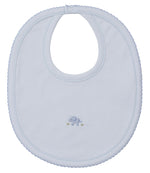The Premier Elephant Esprit Bib with Hand Emb. by Kissy Kissy is crafted from ultra-soft Pima cotton in light blue, featuring scalloped edges and a sweet embroidered elephant at the center.