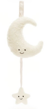 Jellycat's Amuseables Moon Musical Pull features a plush crescent moon with a smiling face, hanging above a matching star on a ribbon. Made from recycled fibers, it's part of the delightful collection.