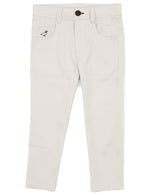 The Properly Tied Boys' Fairway Performance Pant is a pair of light beige golf pants with front pockets, a button closure, and small duck embroidery near the left pocket. These wrinkle-resistant pants are ideal for active kids.