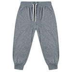 The Boys' Century Tech Jogger by Rylee & Cru features an elastic waistband, white drawstrings, side pockets, and ribbed cuffs for a relaxed fit. Versatile gray joggers shown laid flat on a white background.