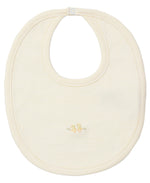 The Kissy Kissy Premier Baby Duckling Striped Bib features cream Pima cotton with subtle stripes and two hand-embroidered yellow ducklings near the bottom center.