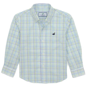 A long-sleeved Boys' Seasonal Sportshirt by Properly Tied, in light green plaid with lightweight bamboo fabric and a small dark bird logo on the left chest.