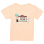 Explore the Boys' Short-Sleeve Tee by Properly Tied, a beige Pima cotton shirt featuring hand-drawn beach graphics: a thatched hut, palm tree, surfboard, and "Happens on Taco Tuesday" sign.