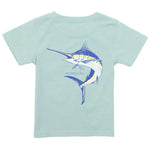 The Boys' Short-Sleeve Tee by Properly Tied is crafted from soft Pima cotton, showcasing a light blue color with hand-drawn marlin graphics and "PROPERLY TIED" text on the back for ultimate comfort.