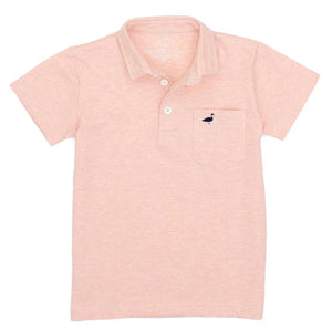 The Boys' Harrison Pocket Short-Sleeve Polo by Properly Tied is a light pink shirt made of a lightweight cotton blend, featuring a collar, front button closure, and an iconic duck logo on the left chest pocket.