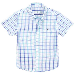 The Boys' Short-Sleeve Seasonal Sportshirt by Properly Tied is a lightweight, versatile button-up featuring a light blue and purple plaid pattern with a small black whale logo on the chest, perfect for casual gatherings.