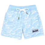 The Boys' Shordees Swim Short by Properly Tied boasts a light blue color with a white wave pattern, quick-drying polyester fabric, an adjustable drawstring waistband, and a logo patch on the front left leg.