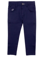 The Properly Tied Boys' Fairway Performance Pant is a pair of navy blue, wrinkle-resistant golf pants for kids with front pockets, a button closure, and a small embroidered duck on the right pocket.