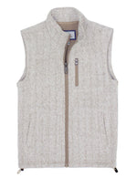 The Properly Tied Boys' Upland Vest features a light grey herringbone pattern, zip-up front, high collar, sleeveless cut, and a vertical zippered chest pocket.