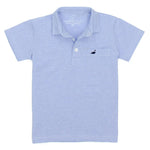The Boys' Harrison Pocket Short-Sleeve Polo by Properly Tied is made from a comfy cotton blend in light blue, featuring short sleeves, a collar, and adorned with a small dark duck logo on the chest pocket for added charm.