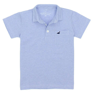 The Boys' Harrison Pocket Short-Sleeve Polo by Properly Tied is made from a comfy cotton blend in light blue, featuring short sleeves, a collar, and adorned with a small dark duck logo on the chest pocket for added charm.