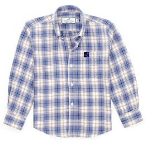 The Boys' Classic Flannel by Properly Tied is a long-sleeve, 100% cotton button-up featuring a blue, white, and beige plaid pattern with a small embroidered chest logo for all-day comfort.