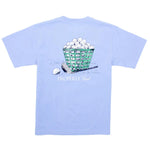 Light blue Boys' Short-Sleeve Tee in Pima cotton featuring hand-drawn golf club, ball, and basket graphics. Text reads "Properly Tied." Brand: Properly Tied.