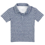 The Boys' Starboard Polo by Properly Tied features short sleeves, a blue color with white horizontal stripes, and a collar—ideal for casual wear. Shown laid flat against a white background.