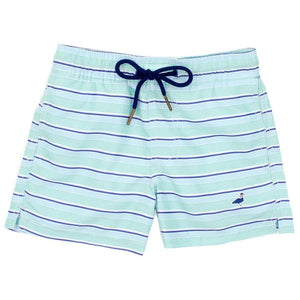 Green and white striped Properly Tied Boys' Swim Trunk, with a navy drawstring waistband and small embroidered bird logo on the left leg, crafted from quick-drying polyester for comfort.