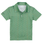 The Boys' Inlet Polo by Properly Tied features green short sleeves, a blue and yellow geometric pattern, white buttons, and a collar. This moisture-wicking golf polo keeps boys comfortable and stylish on or off the course.