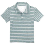 The Boys' Starboard Polo by Properly Tied features green and white stripes, short sleeves, a classic collar, and three buttons—making it a casual wear essential.