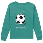 The Boys' Long Sleeved Tee by Properly Tied features hand-drawn graphics of a soccer ball breaking through a net, with "PROPERLY Tied" displayed below the illustration.