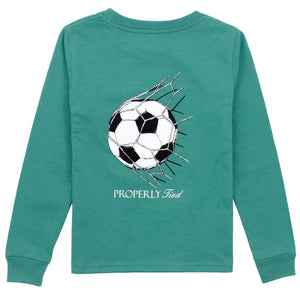 The Boys' Long Sleeved Tee by Properly Tied features hand-drawn graphics of a soccer ball breaking through a net, with "PROPERLY Tied" displayed below the illustration.