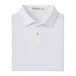The Featherweight Mélange Polo by Peter Millar is a white classic-collar shirt with two beige buttons and a discreet inner label, made from performance fabric offering UPF 50+ sun protection for all-day comfort.