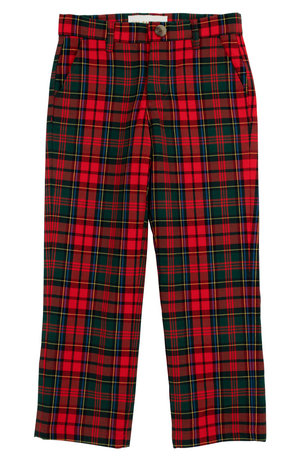 A pair of Boys' Twill Prep School Pants from The Beaufort Bonnet Company in red and green plaid, displayed flat on a white background.