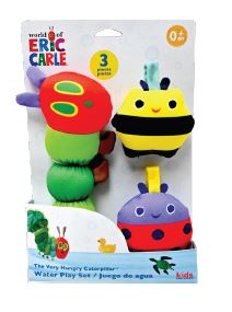 The Kids Preferred Very Hungry Caterpillar Water Play 3-Piece Set features plush bath toys shaped like a caterpillar, bee, and ladybug—perfect for toddler water play or fans of The Very Hungry Caterpillar.