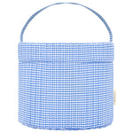 The Sky Blue Gingham Easter Basket by Minnow features a blue and white checkered quilted design with a handle, ideal for Easter celebrations.