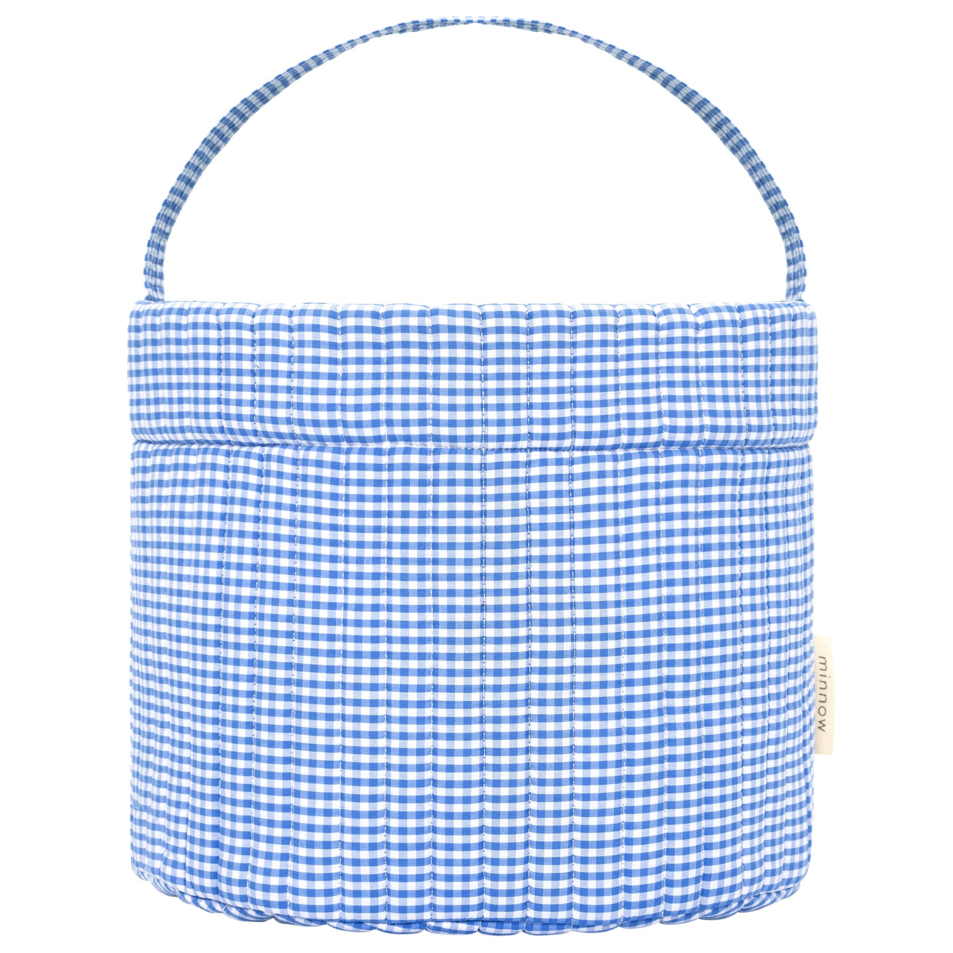 The Sky Blue Gingham Easter Basket by Minnow features a blue and white checkered quilted design with a handle, ideal for Easter celebrations.