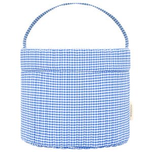 The Sky Blue Gingham Easter Basket by Minnow features a blue and white checkered quilted design with a handle, ideal for Easter celebrations.