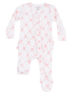 The Angel Dear Baby Girls' 2-Way Ruffle Zipper Footie is a white onesie with pink bows, featuring a 2-way zipper closure and ruffle accents on the chest and legs.