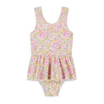 Louise Misha's Baby Girls' and Girls' Kalinda Bathing Suit: A Bohemian one-piece with a peplum design featuring vibrant pink, yellow, and green flowers on a light background.