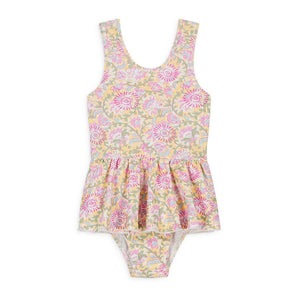 Louise Misha's Baby Girls' and Girls' Kalinda Bathing Suit: A Bohemian one-piece with a peplum design featuring vibrant pink, yellow, and green flowers on a light background.