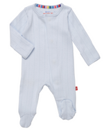 The Baby Love Lines Pointelle Footie by Magnetic Me is a light blue baby onesie made from soft organic cotton, featuring long sleeves, closed feet, subtle vertical stripes, and colorful neckline trim for comfort and style.