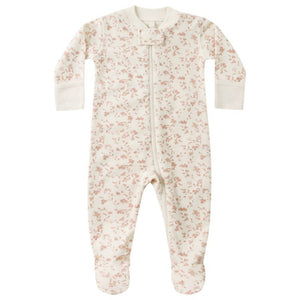 The Quincy Mae Baby Girls' Zip Long Sleeve Sleeper Footie features soft organic brushed jersey, a front zipper closure, and a light pink floral print on white.