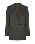 The Nahalin Everyday Blazer by Blaze Milano is a dark grey-green double-breasted wool-mohair blazer with peak lapels, four brown buttons, two curved front pockets, and a chest pocket—perfectly elevated for any occasion.