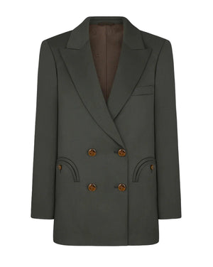 The Nahalin Everyday Blazer by Blaze Milano is a dark grey-green double-breasted wool-mohair blazer with peak lapels, four brown buttons, two curved front pockets, and a chest pocket—perfectly elevated for any occasion.