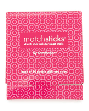 Matchsticks by Commando come in a pink package with a geometric circle design and include 50 clear double-stick tape strips—an ideal fashion fix for any wardrobe malfunction.