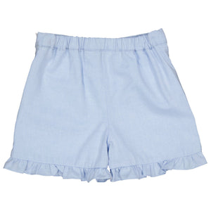 Kidiwi's Girls' Nolana Short in light blue features an elastic waistband and ruffled hem, adding a touch of whimsy. Set against a plain white background, these stylish and comfy shorts are perfect for any occasion.