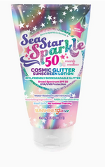 A tube of Sunshine Glitter Sea Star Sparkle SPF 50 Sunscreen with biodegradable glitter, marshmallow scent, broad spectrum UVA/UVB protection; water resistant, reef-safe, cruelty-free, and paraben-free.